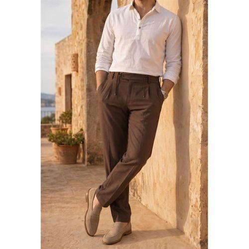 Forner Regular Fit Beli Lastikli Kemer Detaylı Erkek Kumaş Pantolon - Kahve