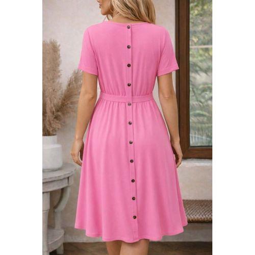 Kadın Kısa Kollu Yuvarlak Yaka Arkadan Düğmeli Viskon Midi Elbise