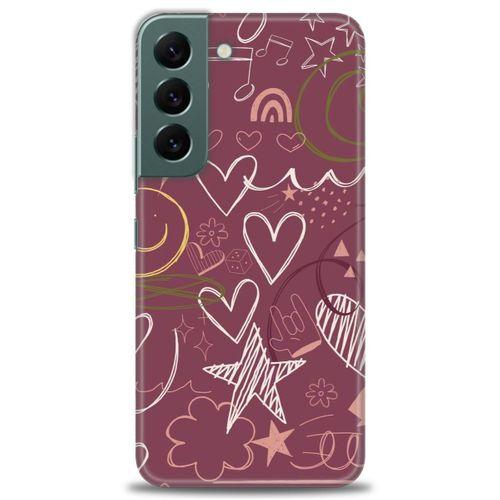 Samsung Galaxy S22 Kılıf HD Baskılı Kılıf - Notalar ve Kalpler Bordo + Tam Ekran Koruyucu