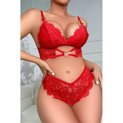 Kadın Kırmızı Kalp Tokalı Çapraz Lastik Detaylı Dantel İç Çamaşır Takımı