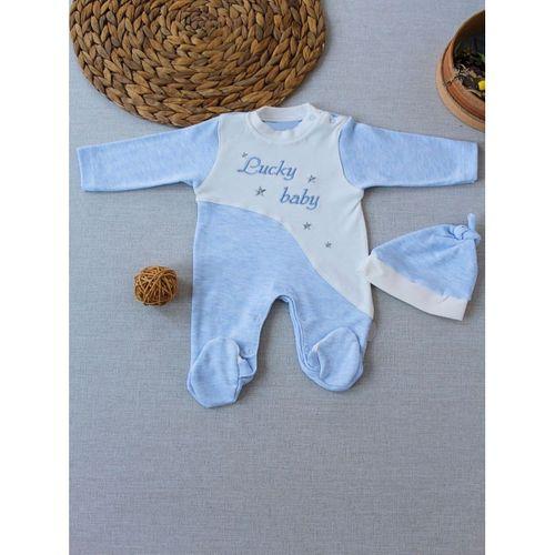 0-3 3-6 Ay Lucky Baby Nakışlı Es Çizgi Boy Şapkalı Erkek Bebek Tulumu Mavi