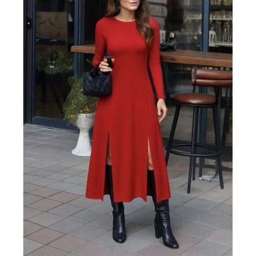 Kadın Uzun Kollu Hafif Kayık Yaka Sırt Dekolteli Yırtmaç Detaylı Viskon Tam Boy Elbise