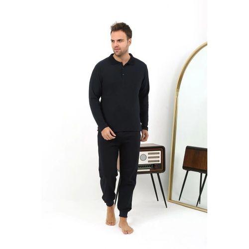 Erkek Polo Yaka Uzun Kol Penye Pijama Takımı Lacivert