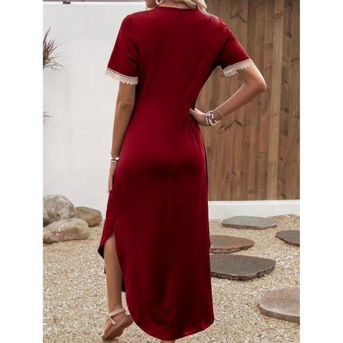 Kadın Kısa Kollu Dantel V Yakalı Uzun Viskon Elbise