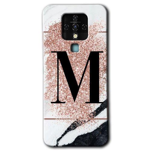 Tecno Camon 16 Kılıf HD Desen Baskılı Arka Kapak+Temperli Cam - Pembe Mermer Desenli M Harfi