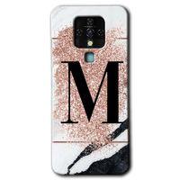 Tecno Camon 16 Kılıf HD Desen Baskılı Arka Kapak+Temperli Cam - Pembe Mermer Desenli M Harfi