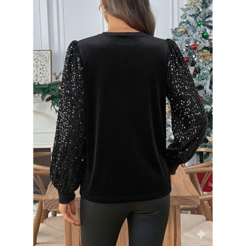 Kadın Uzun Kollu Bisiklet Yaka Kollar Pulpayet Kadife Bluz