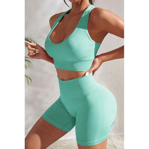 Kadın Açık Mavi Fit Görünümlü Yüksek Bel Spor Crop Top Şort Takımı