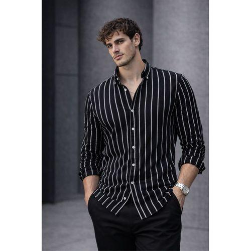 Scorsese Çizgili Relaxed Fit Erkek Gömlek - Siyah