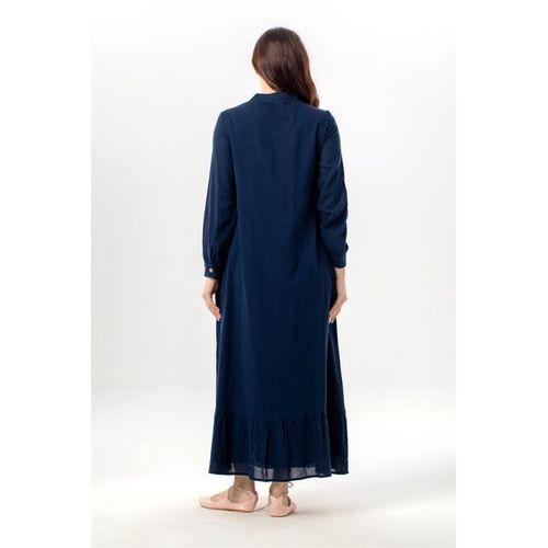 Uzun Kol Neşe Nakış Detaylı Boydan Düğmeli Yazlık Şile Bezi Uzun Elbise Lacivert Lcvt