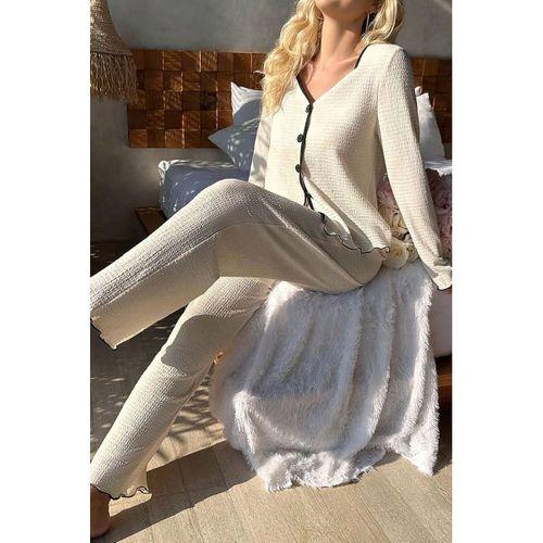 Kadın Beyaz V Yaka Düğmeli Örme Kumaş Rahat Pijama Takımı