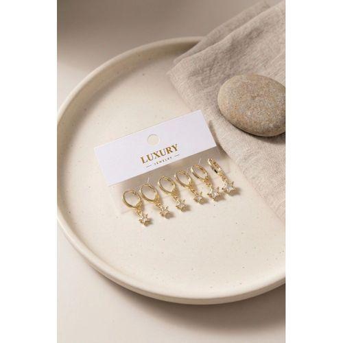 Yıldız Zirkon Taşlı Gold Renk Pirinç Set Küpe