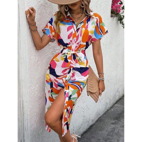 Kadın Kısa Kollu Yakalı önü Düğmeli önden Drapeli Desenli Süprem Elbise