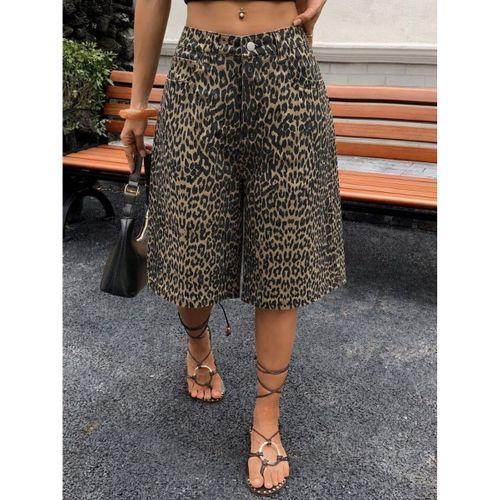 Kadın Yüksek Bel Leopar Desen Detaylı Kısa Kot şort