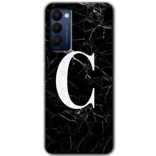 Tecno Camon 18 HD Baskılı Kılıf + 9D Tam Ekran Koruyucu - Siyah Mermer Desenli C Harfi