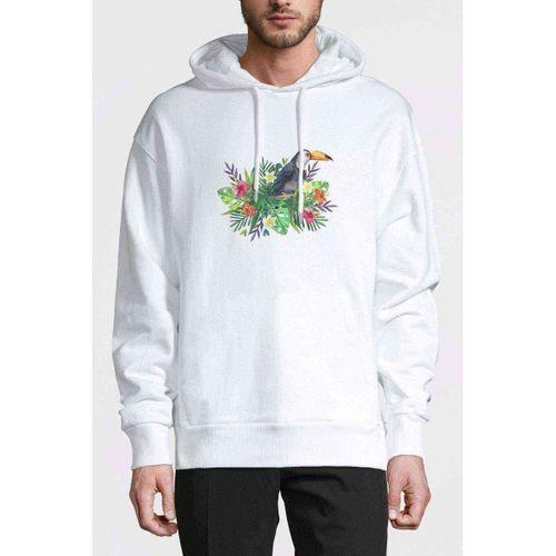 Sulu Boya American Papağanı Baskılı Beyaz Erkek Kapşonlu Sweatshirt