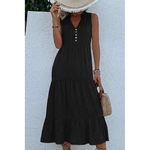 Kadın Askılı V Yakalı önden Düğmeli Midi Viskon Elbise