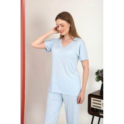 Kadın Kısa Kol Pamuk Penye Pijama Takım Mavi