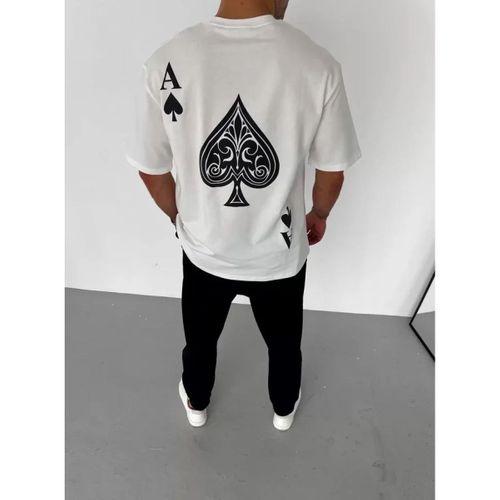 Unisex Bisiklet Yaka Baskılı Oversize T-Shirt - Beyaz