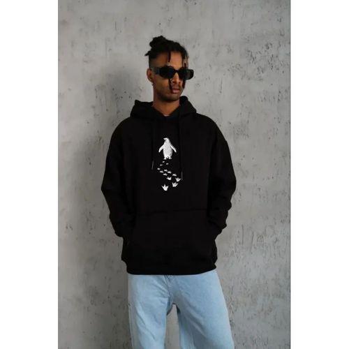 Erkek Nihilist Penguen Temalı Oversize Kapüşonlu Sweatshirt - Siyah