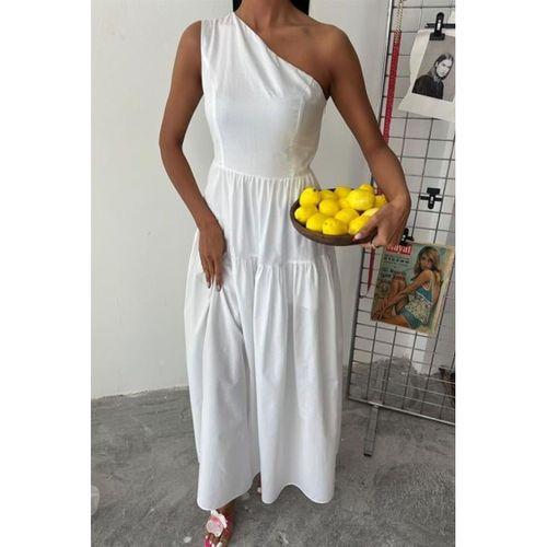 Tek Omuzlu Pile Detay Maxi Elbise 2895