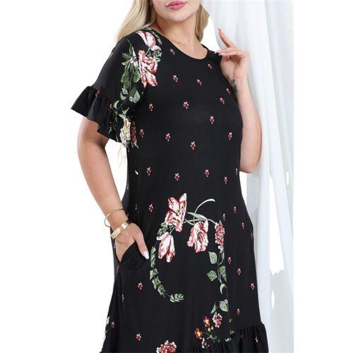 Melsay Butik Siyah Eteği Fırfırlı Sulu Pembe Çiçek Desen Cepli Kadın Elbise