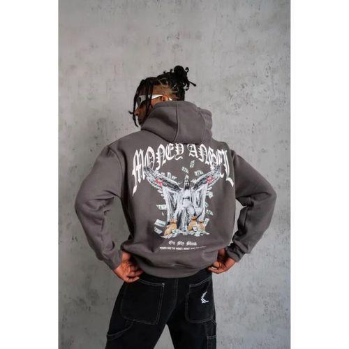 Erkek Kordon İpli Baskılı Kapüşonlu Sweatshirt - Füme