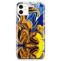 Apple iPhone 11 Kılıf Mavi Turuncu Mermer Arka Kapak Koruma Desenli Full Koruyucu