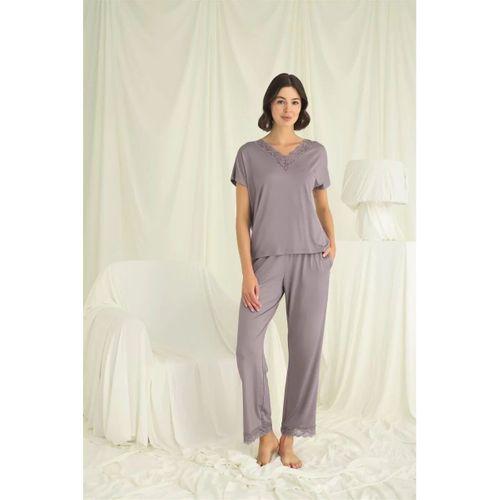 Kısa Kollu V Yakalı Dantelli Pijama Takımı