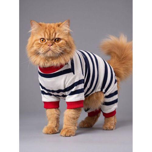 Mon Amour Çizgili Kedi Uyku Seti | Penye Kedi Tulum ve Mini Yastık Takımı | Pamuklu | Tüy Dökülmesini Azaltır |