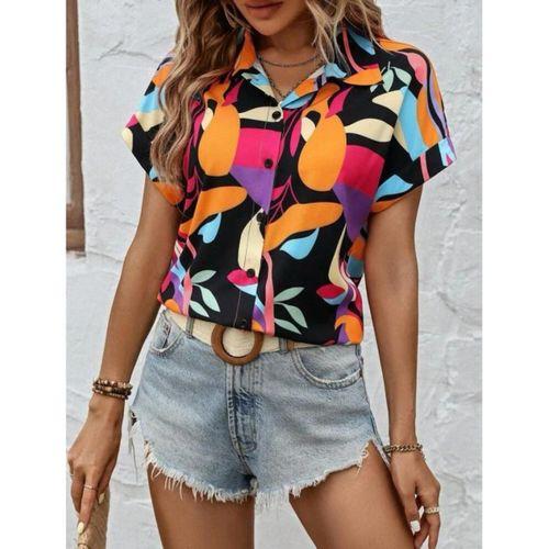 Kadın Moss Krep Kumaş Kısa Kol Çiçek Desenli Gömlek