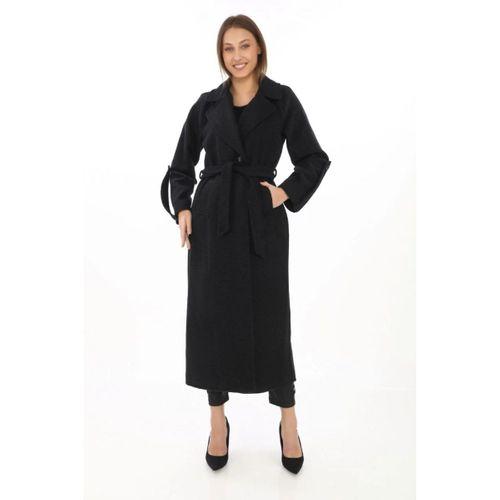 Uzun Kaşe Kaban – Yünlü Dokuma Kaşmir Kumaş, Kruvaze Yaka, Kuşaklı Astarlı Tesettür Uyumlu Şık Kışlık Siyah Model - Siyah