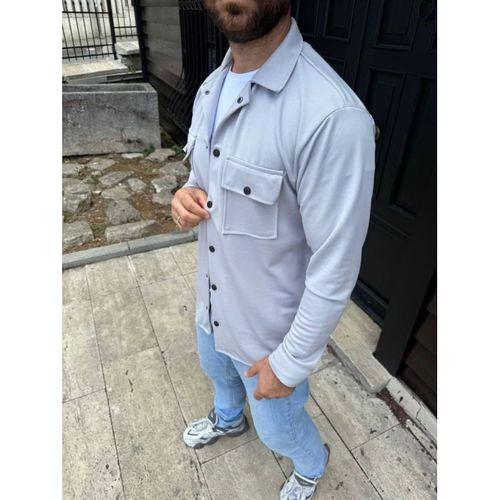Erkek Diagonal Kumaş Cepli Çıtçıtlı Uzun Kollu, Gömlek Oversize Rahat Kalıp Günlük Şık Stil - Gri
