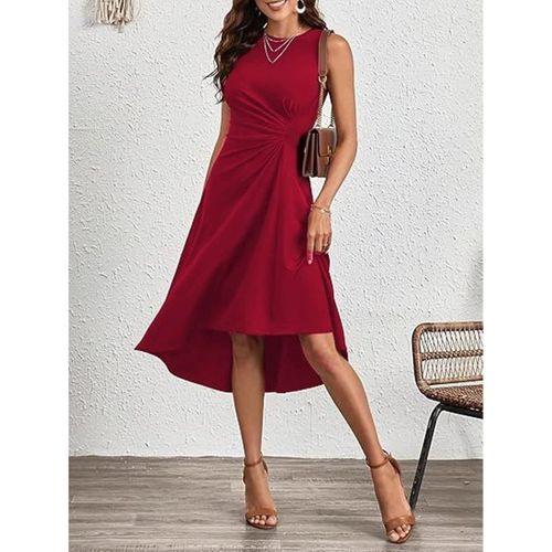 Kadın Sıfır Kollu Bisiklet Yaka Büzgülü Asimetrik Kesim Detaylı Janjan Krep Elbise