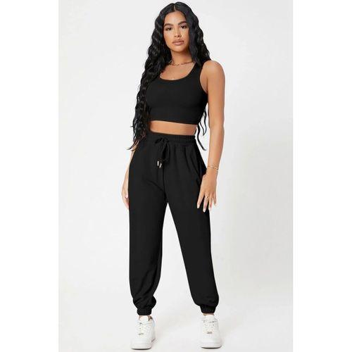 Kadın Siyah Premium Görünümlü Kaşkorse Cepli Jogger Eşofman Altı Ve Crop Top Bluz Takımı