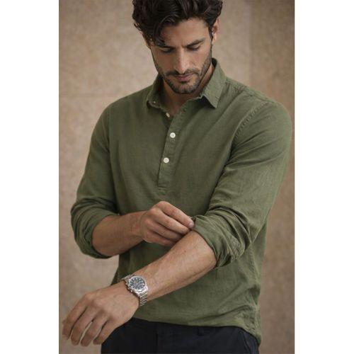 Yarım Pat Yakalı York Pamuk Kumaşlı Uzun Kollu Erkek Gömlek - Açık Haki