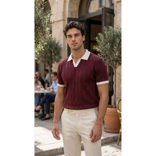 Erkek Örgü Desen Yakalı Kısa Kollu Triko Tişört - %100 Pamuk Akrilik