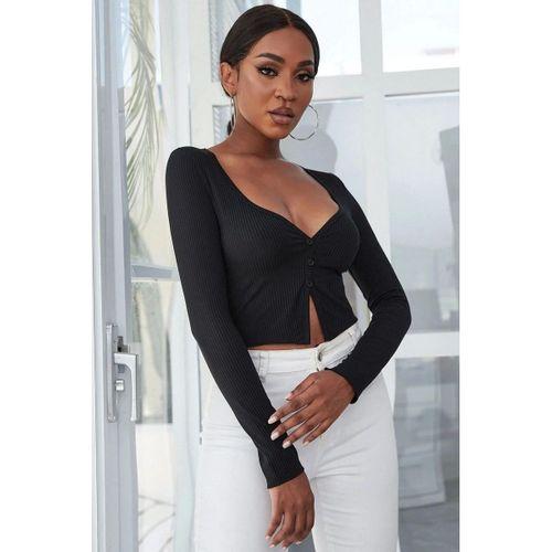 Kadın Siyah Uzun Kollu Düğme Detaylı Göğüs Ve Göbek Dekolteli Crop Top Bluz Premium Stil