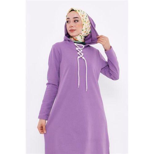 Eflin Yakadan Bağlamalı Kapşonlu Uzun Sweatshirt - 03030.018 - Leylak