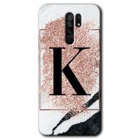 Xiaomi Redmi 9 Kılıf Baskılı Arka Kapak - Pembe Mermer Desenli K Harfi +Tam Ekran Koruyucu