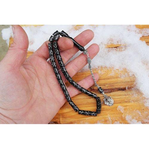 Oltu Taşı  Kesme Model Tek Zikzak Dörtlü Baklava  İşlemeli Tespih