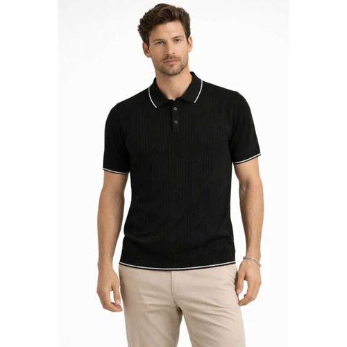 Erkek Düğmeli Yaka Triko Dokuma Tişört Desenli Yazlık  Şık Günlük Triko Tişört - Siyah