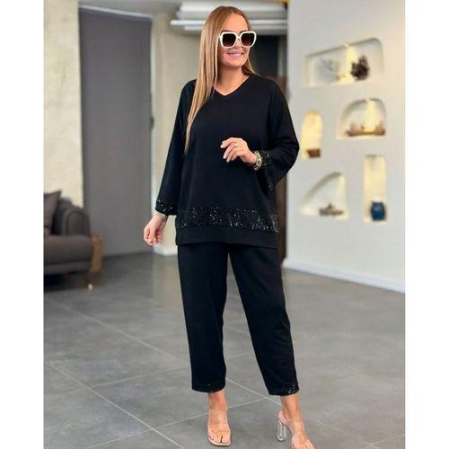 Kadın Uzun Kollu V Yakalı Pulpayet Viskon Iki Iplik Bluz Ve Pantolon Takım