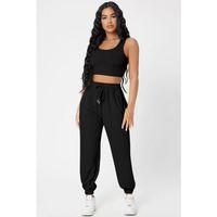 Kadın Siyah Kaşkorse Cepli Jogger Eşofman Altı Ve Crop Top Bluz