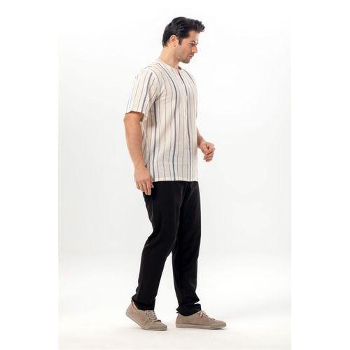 Kısa Kol Şile Bezi Bisiklet Yaka Erkek Yazlık Tshirt Ekru Gri Çizgili 3028