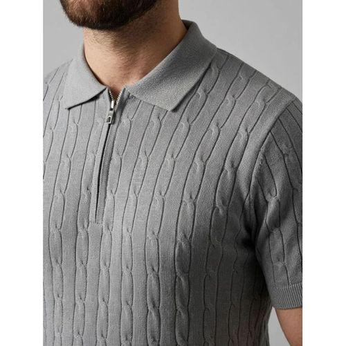 Erkek Yazlık Triko Saç Örgü Tişört Kısa Kol Polo Yaka Fermuarlı T-Shirt - Gri