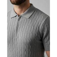 Erkek Yazlık Triko Saç Örgü Tişört Kısa Kol Polo Yaka Fermuarlı T-Shirt - Gri