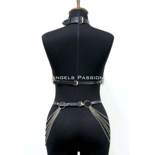 Deri Ve Zincir Detaylı Harness Takım, Deri Dansçı Kostüm, Choker Detaylı Deri Harness - Brf1397