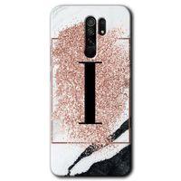 Redmi 9 Kılıf HD Desen Baskılı Arka Kapak - Pembe Mermer Desenli İ Harfi + Kırılmaz Cam