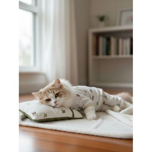 Teddy Bear Chic Kedi Uyku Seti | Penye Kedi Tulum ve Mini Yastık Takımı | Pamuklu | Tüy Dökülmesini Azaltır |